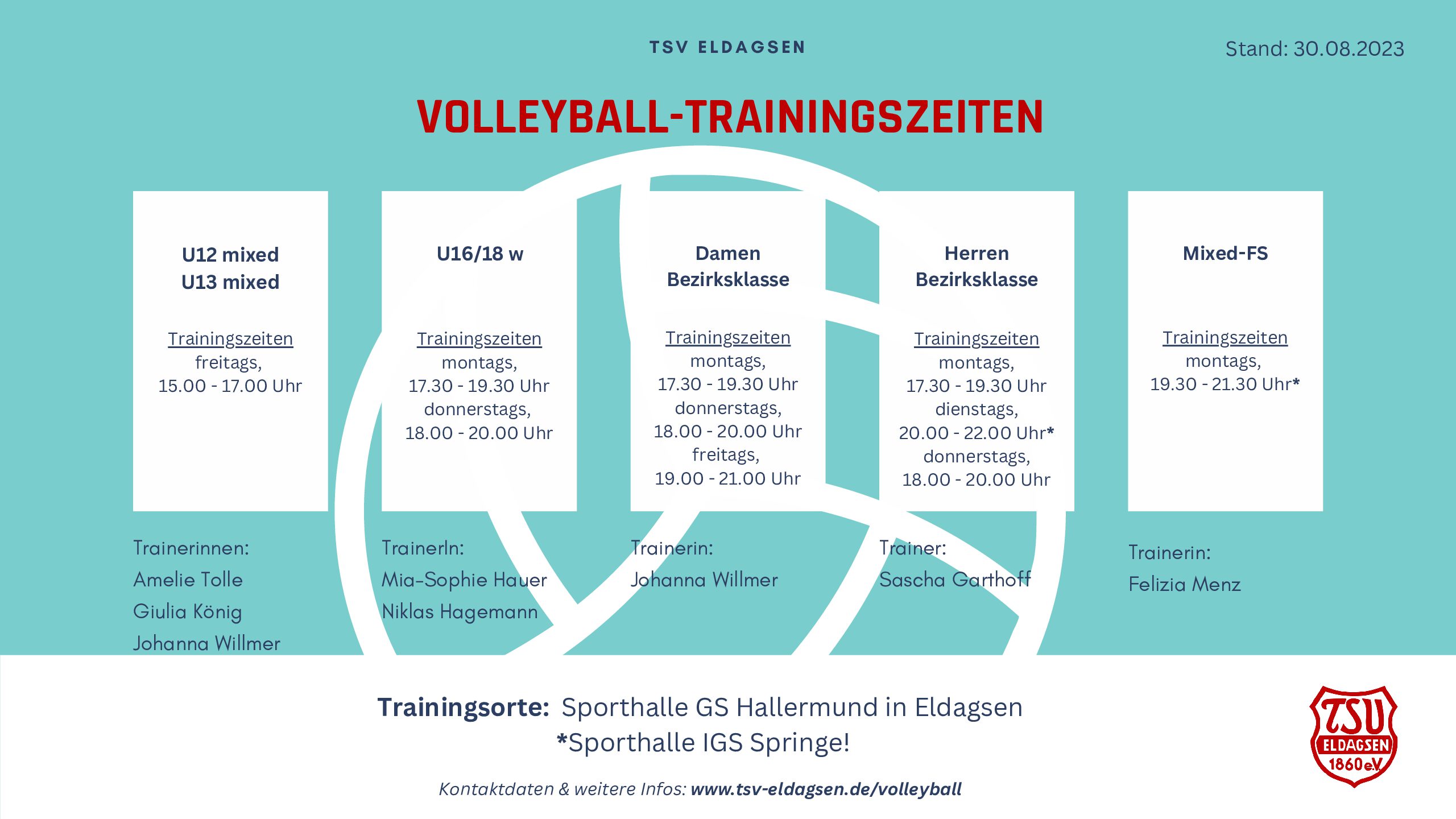 Übersicht Trainingszeiten (30.08.2023)